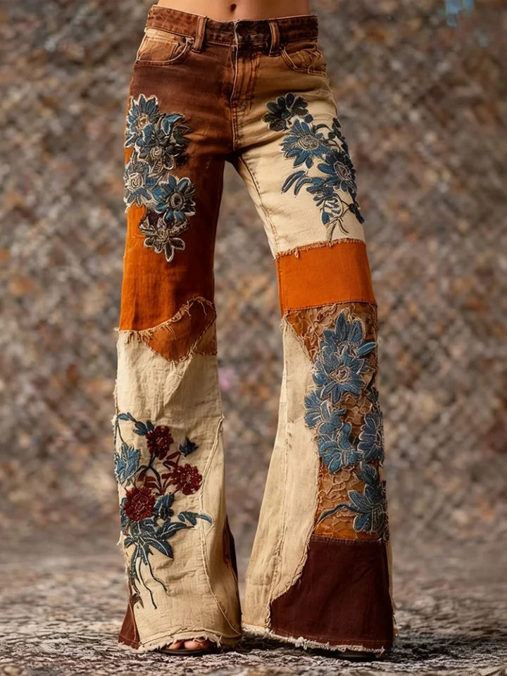 Women's Retro Bohemian Style Floral Art Print Casual Jeans
