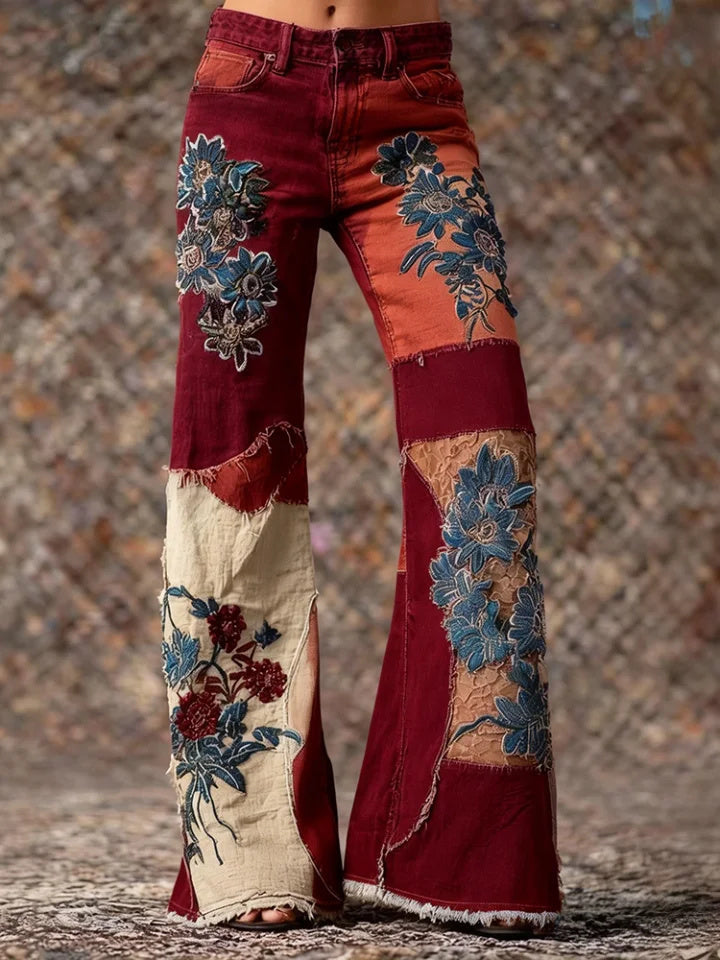 Women's Retro Bohemian Style Floral Art Print Casual Jeans