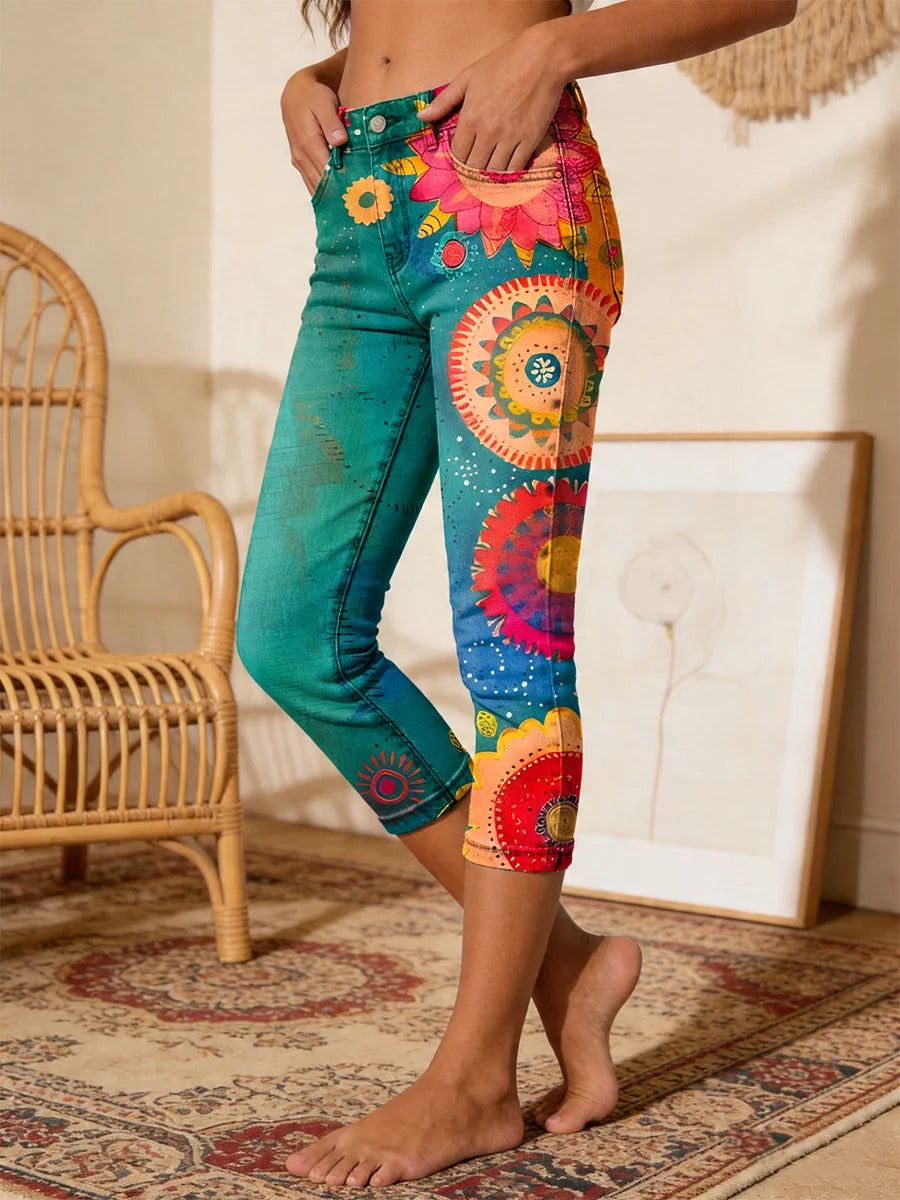 Women's Retro Colorful Ethnic Floral Art Print Casual Capri Jeans