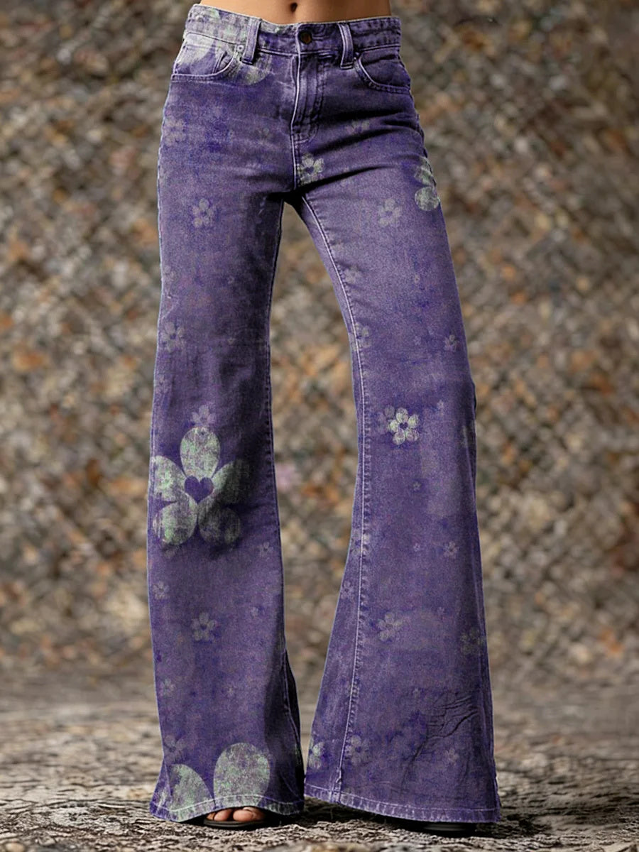 Women's Vintage Purple Cute Heart Floral Art Printed Casual Slim Denim Wide Leg Pants