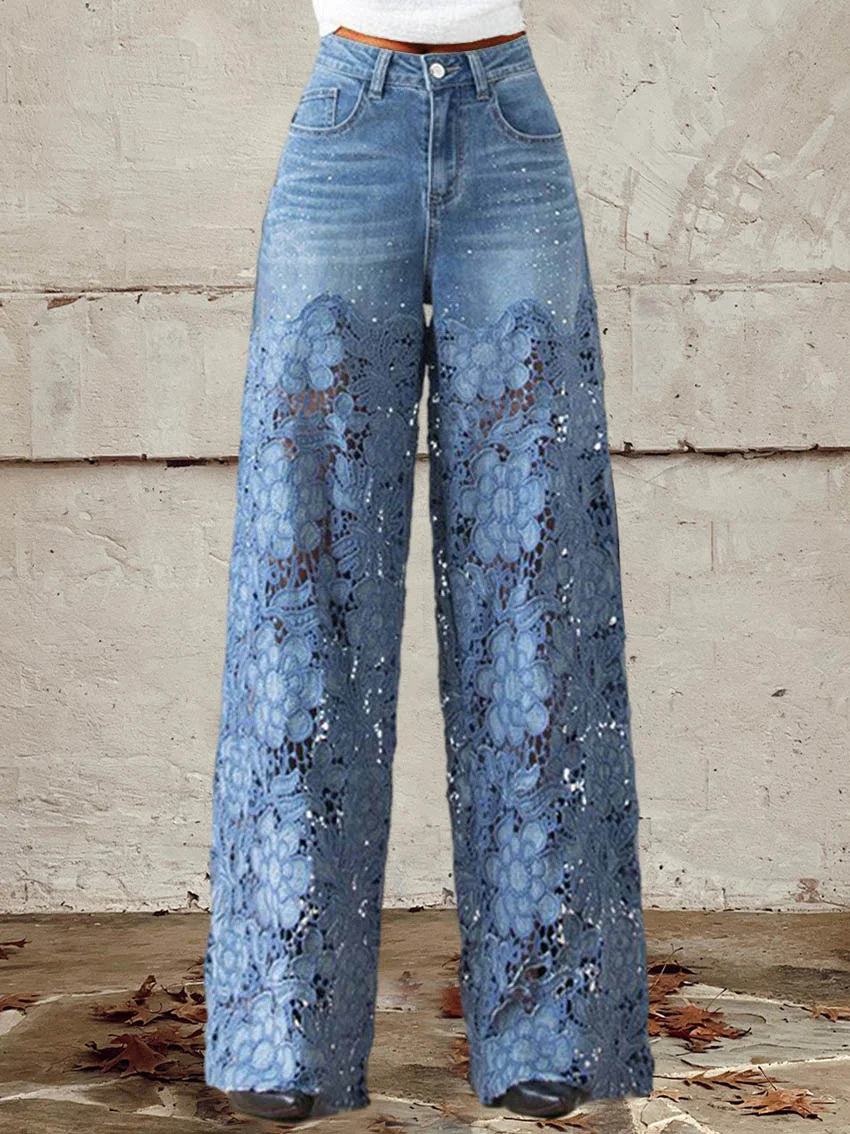 Women's mid-rise button-down lace-trimmed jeans