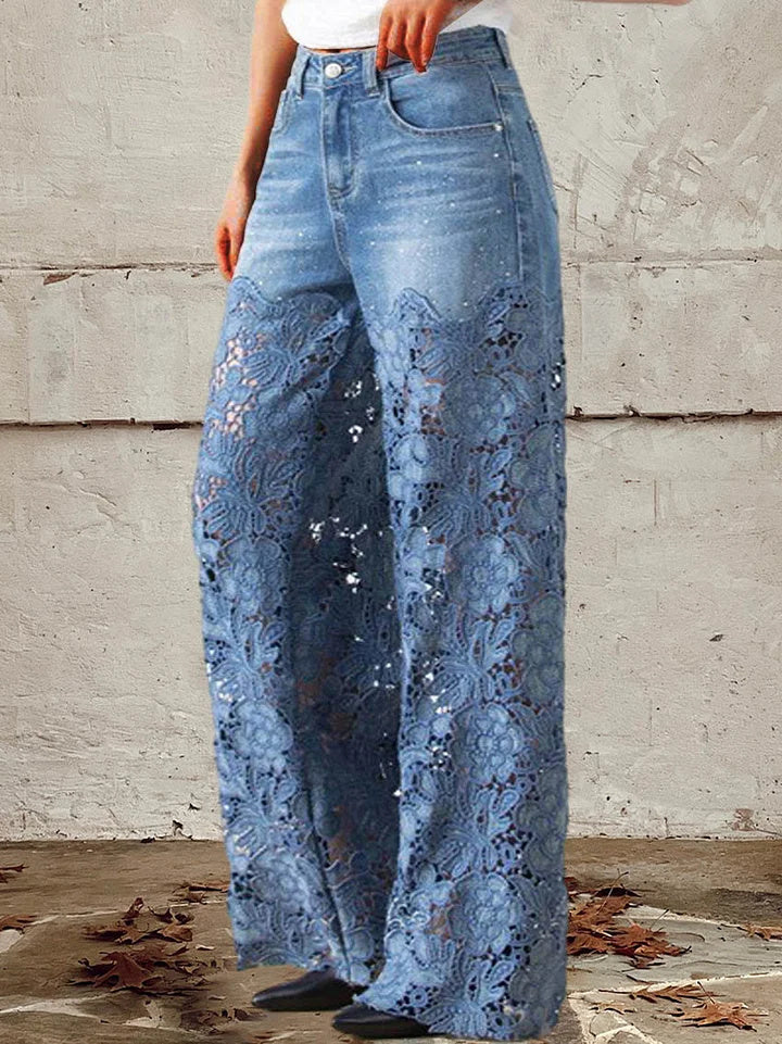 Women's mid-rise button-down lace-trimmed jeans