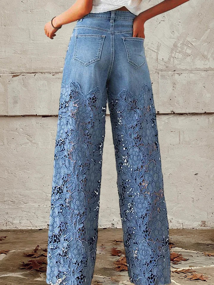 Women's mid-rise button-down lace-trimmed jeans