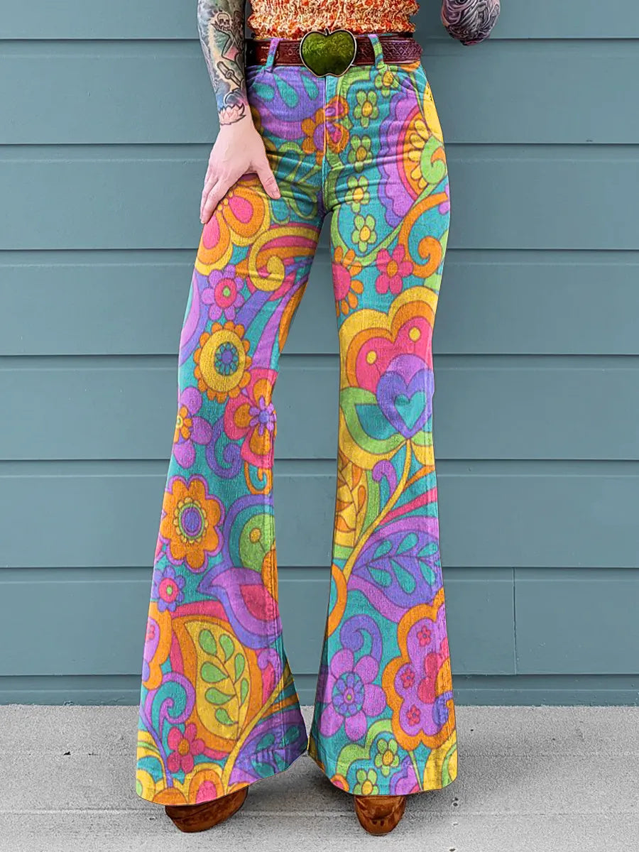 Women's Colorful Floral Print Casual Wide-Leg Pants