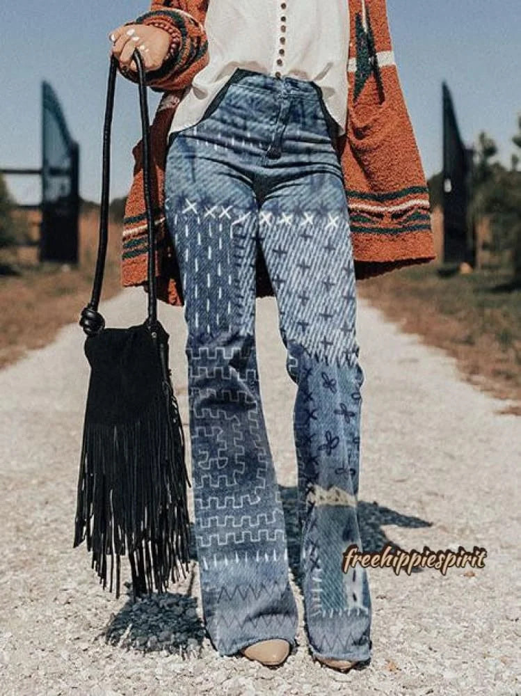 Women's Retro Denim Patchwork Print Wide-Leg Pants