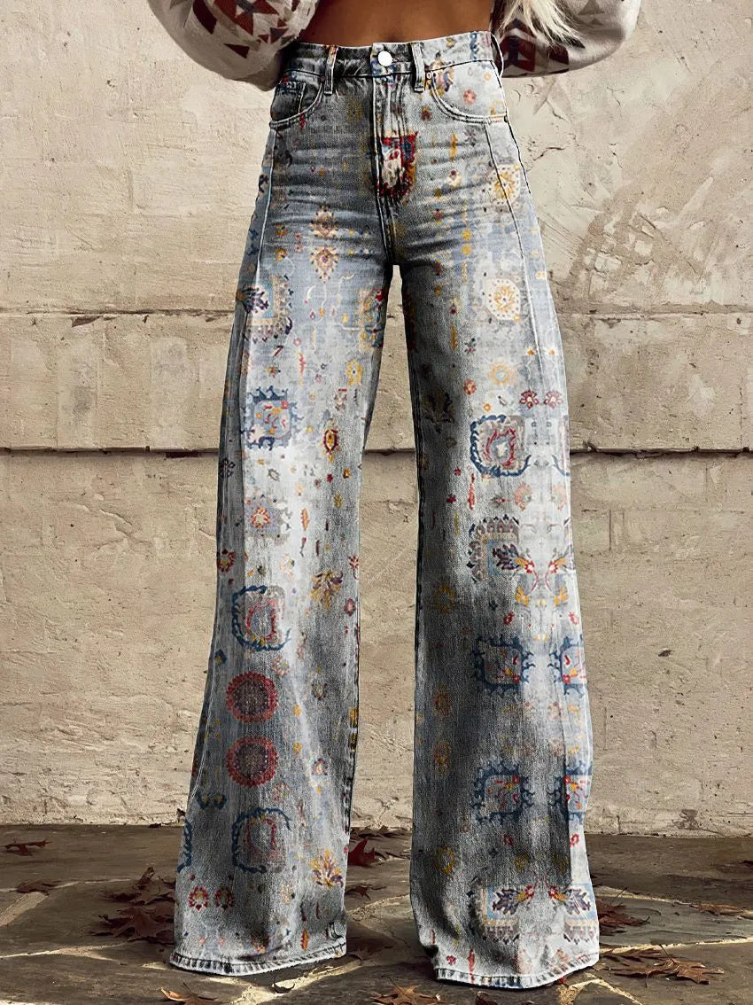 Women's Ethnic Tattoo Pattern Art Print Casual Wide Leg Pants