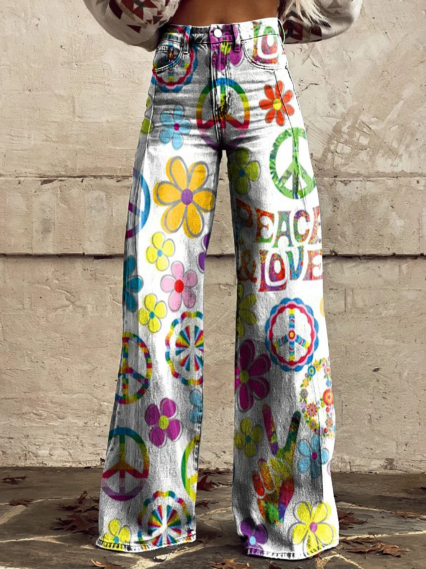 Women's Peace Love Flowers Print Casual Wide Leg Pants
