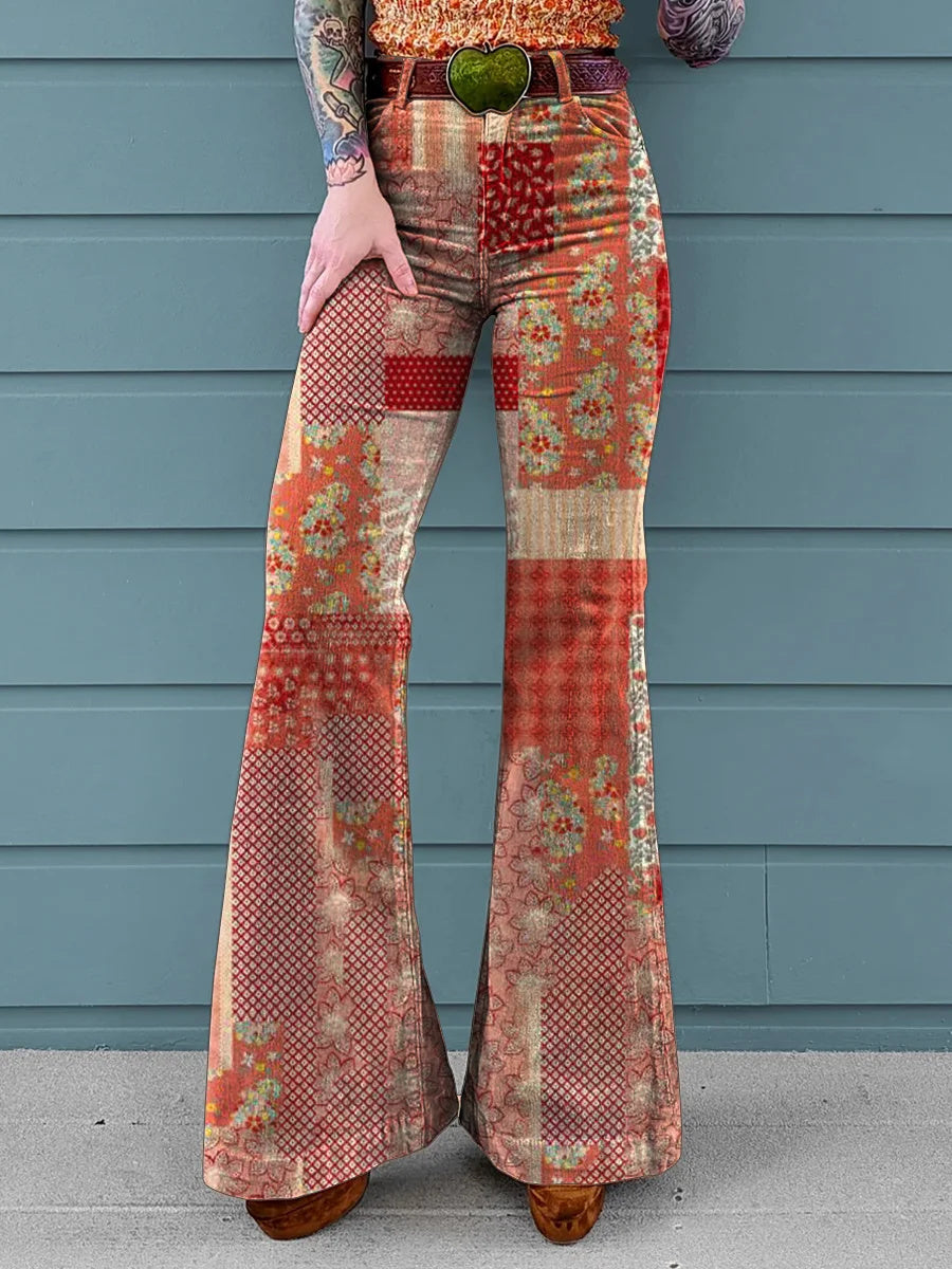Women's Vintage Floral Patchwork Pattern Art Print Casual Wide Leg Pants