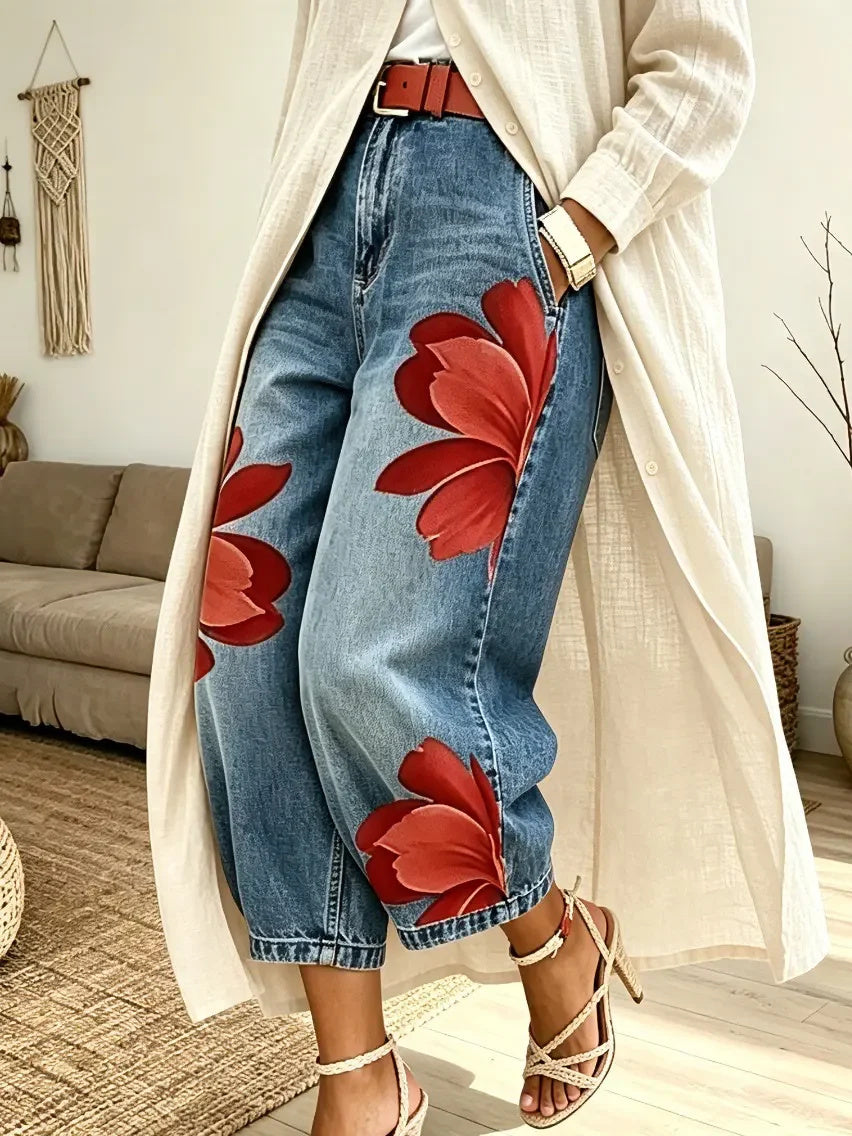 Women's Vintage Red Floral Art Print Casual Washed Cotton Jeans