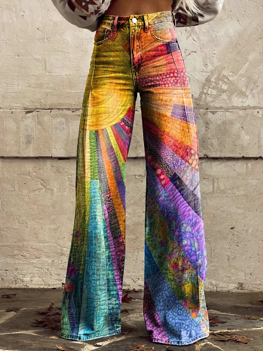 Women's Colorful Sunshine Print Casual Wide Leg Pants