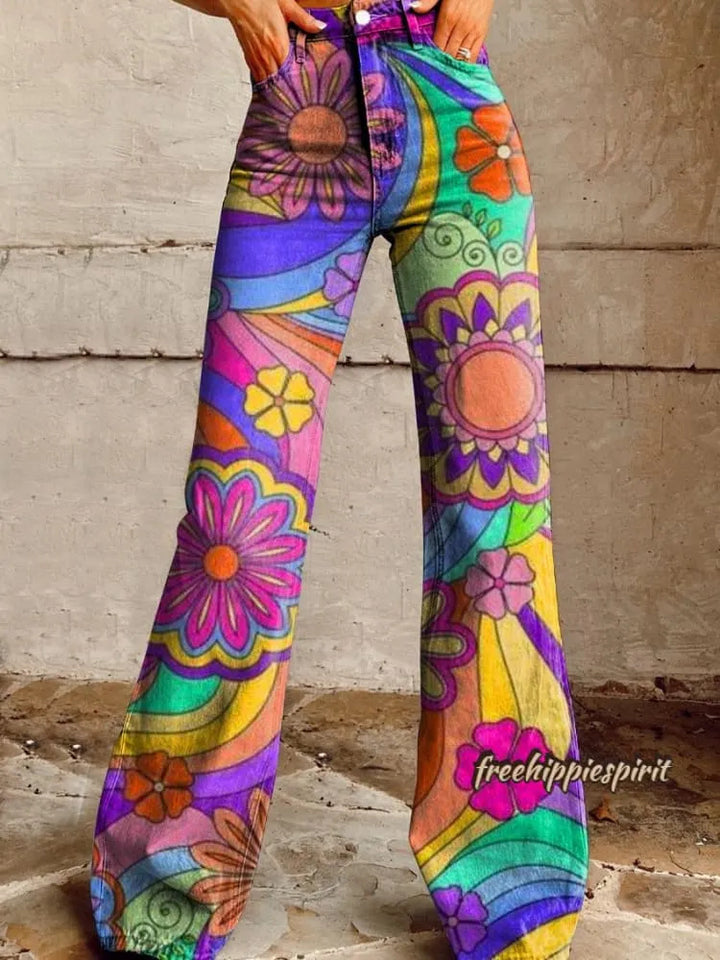 Women's Retro Hippie Style Printed Casual Wide-Leg Pants