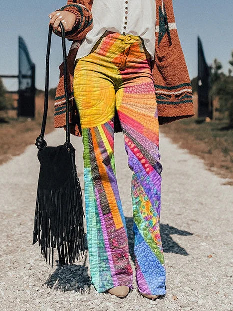 Women's Colorful Sunshine Art Print Casual Wide-Leg Pants