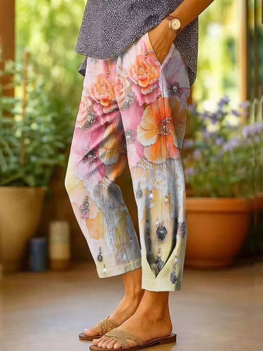 Women's Retro Rose Print Cotton Capri Pants