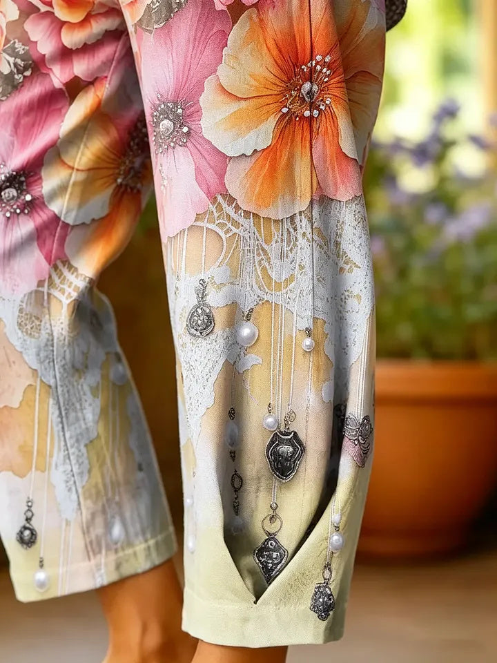 Women's Retro Rose Print Cotton Capri Pants