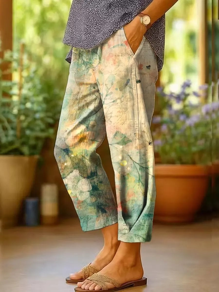 Women's Watercolor Floral Dragonfly Printed Cotton Capri Pants