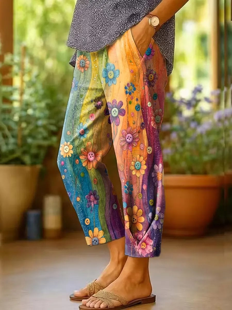 Women's Rainbow Hand-Painted Floral Print Cotton Capri Pants