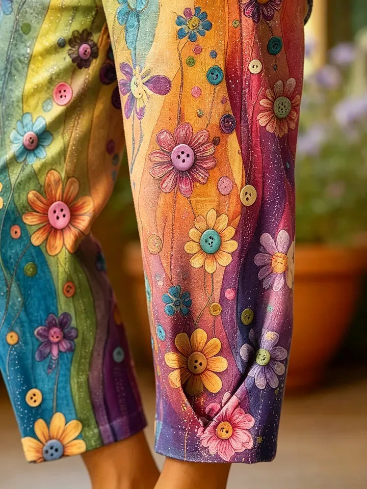 Women's Rainbow Hand-Painted Floral Print Cotton Capri Pants