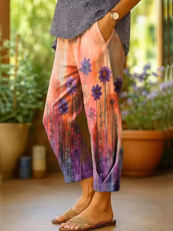 Women's Watercolor Gradient Daisy Print Cotton Cropped Pants