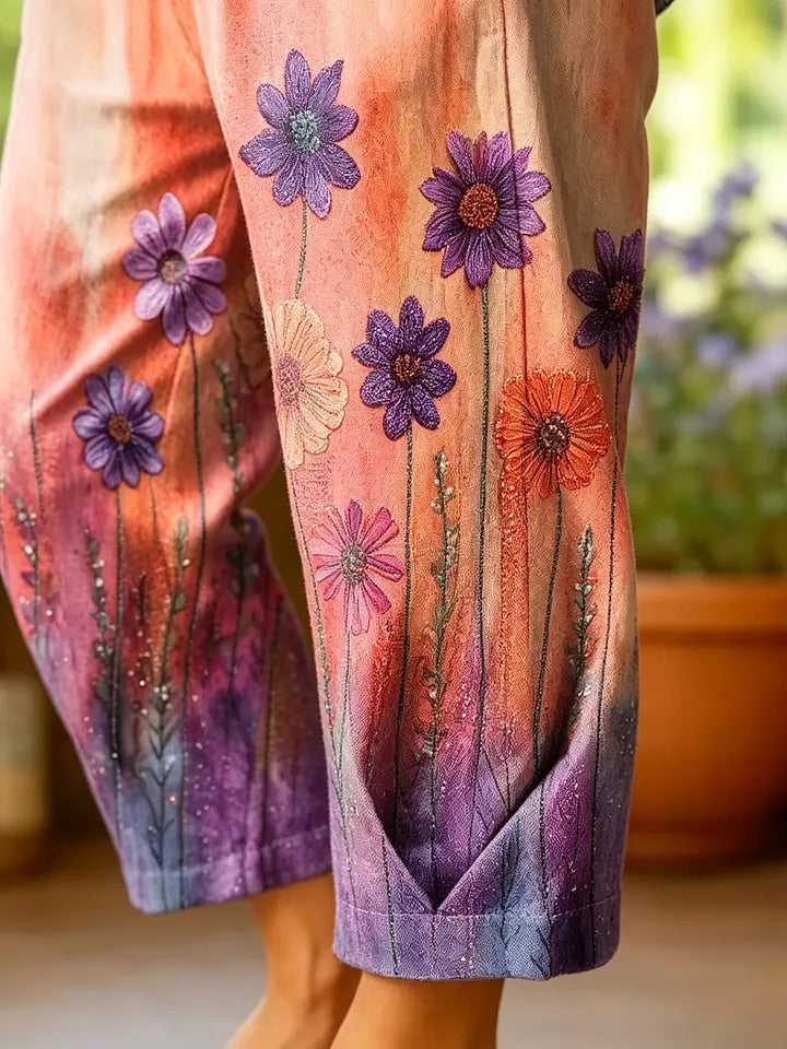 Women's Watercolor Gradient Daisy Print Cotton Cropped Pants