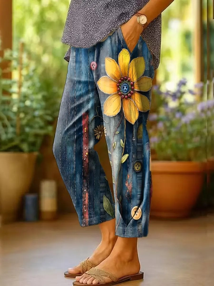 Women's Sunflower Washed Print Cotton Cropped Pants