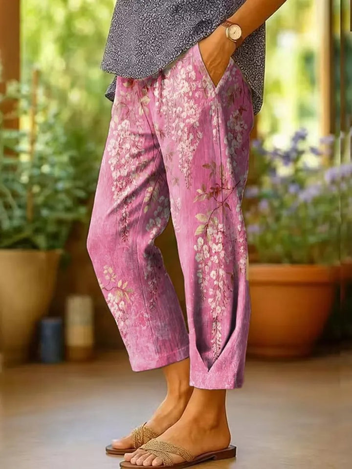 Women's Wisteria Floral Washed Print Cotton Cropped Pants