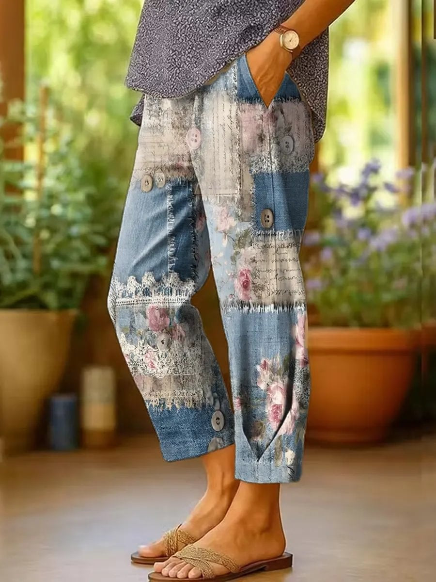 Women's Retro Patchwork Rose Print Cotton Capri Pants