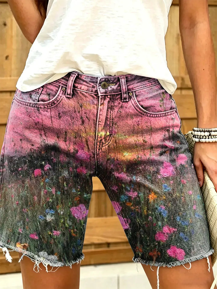 Women's Pink Sunset Wildflower Print Frayed Denim Shorts