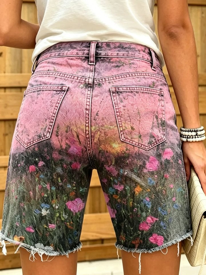 Women's Pink Sunset Wildflower Print Frayed Denim Shorts