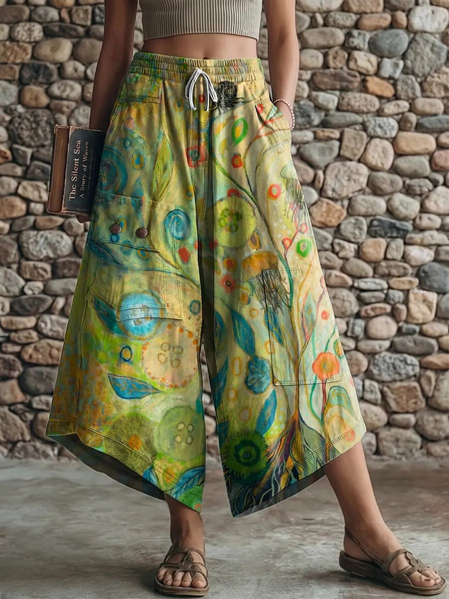 Ethnic style abstract geometric floral print women's art print casual elastic waist loose pants
