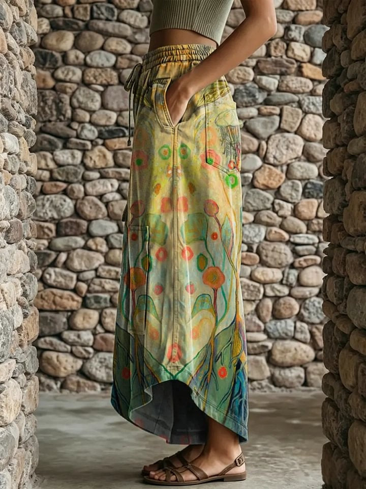 Ethnic style abstract geometric floral print women's art print casual elastic waist loose pants