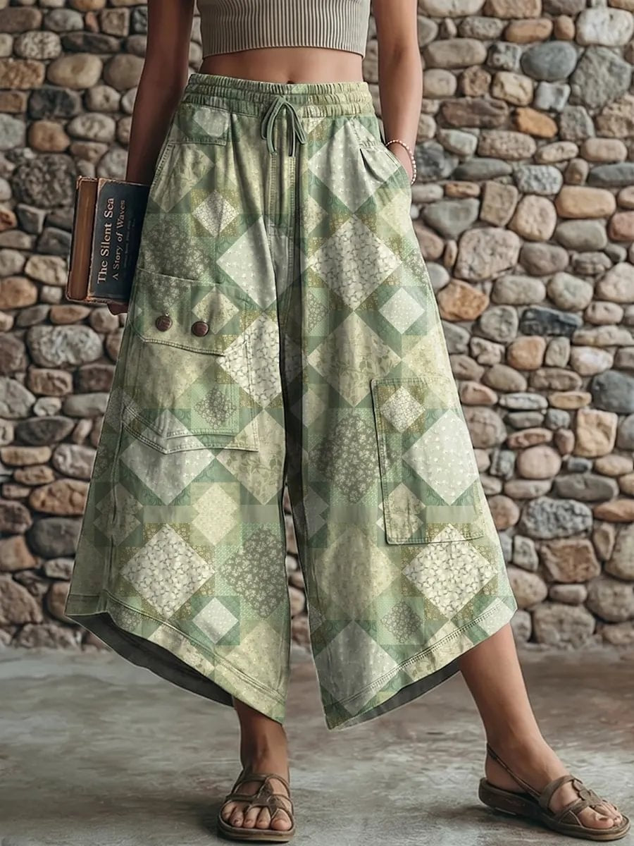 Ethnic style plaid pattern women's art print casual elastic waist loose pants