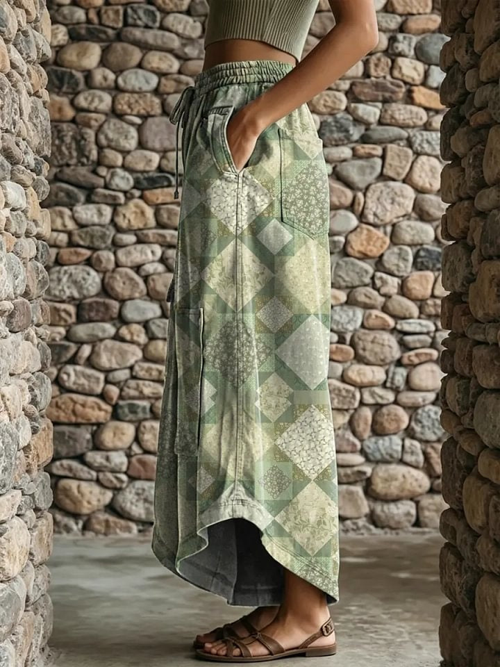 Ethnic style plaid pattern women's art print casual elastic waist loose pants