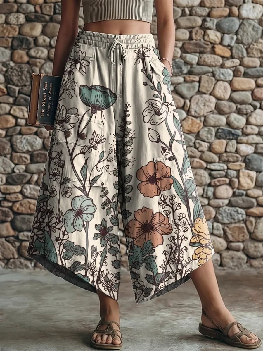 Retro floral print women's art print casual elastic waist loose pants