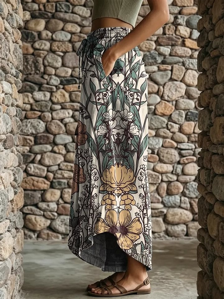 Retro floral print women's art print casual elastic waist loose pants