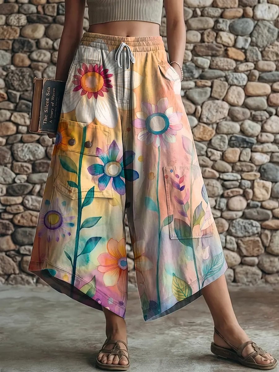 Ethnic Watercolor Floral Print Women's Art Print Casual Elastic Waist Loose Pants
