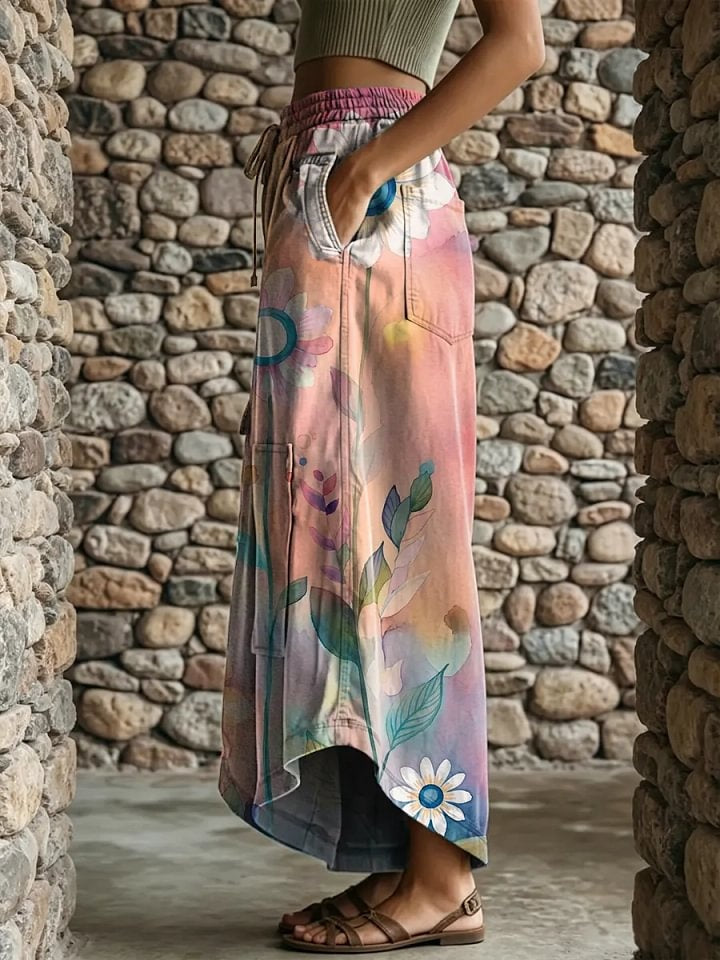 Ethnic Watercolor Floral Print Women's Art Print Casual Elastic Waist Loose Pants