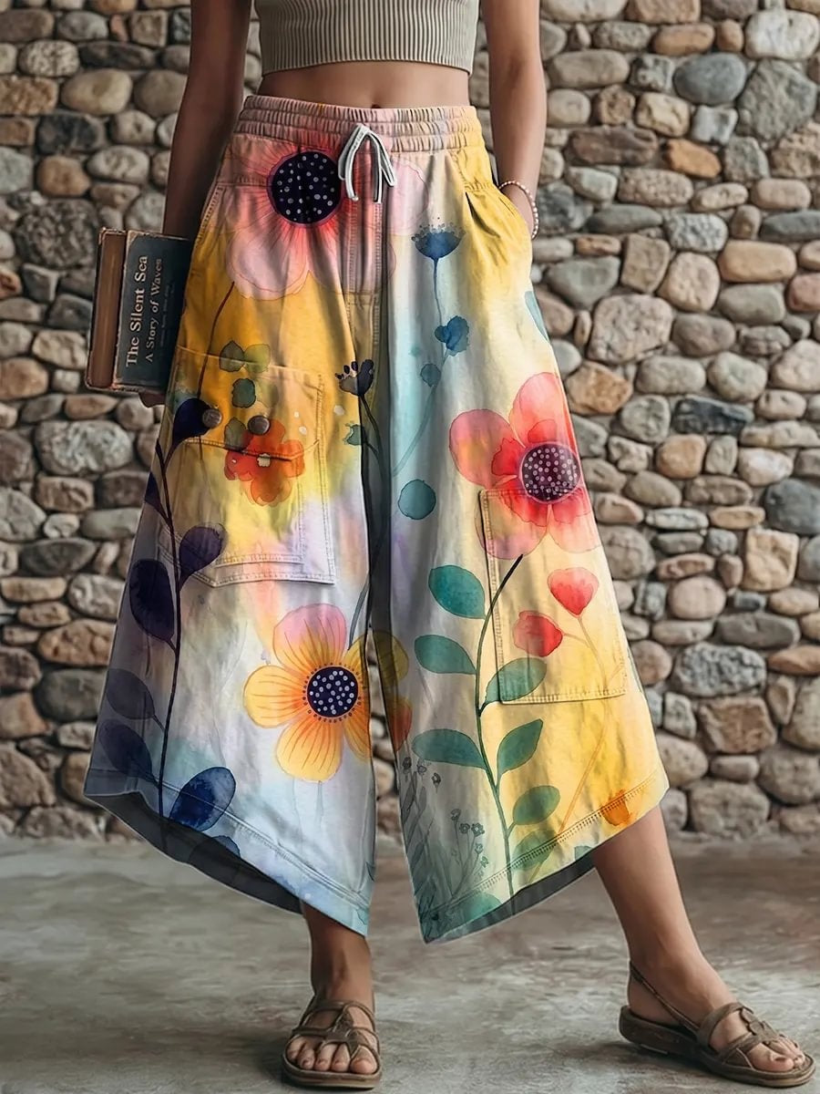 Ethnic Watercolor Floral Gradient Print Women's Art Print Casual Elastic Waist Loose Pants