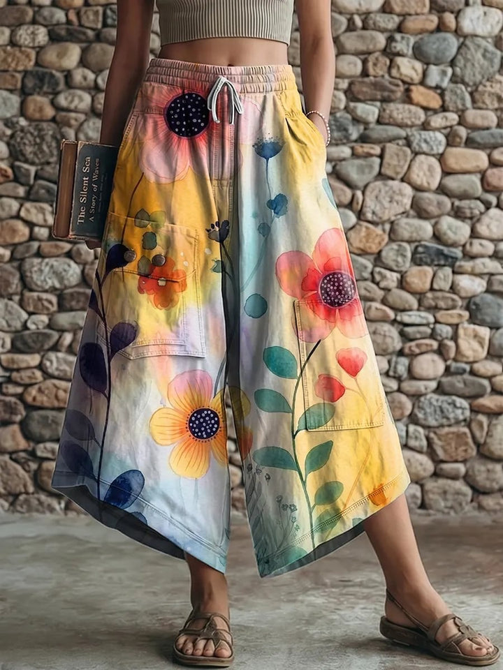 Ethnic Watercolor Floral Gradient Print Women's Art Print Casual Elastic Waist Loose Pants