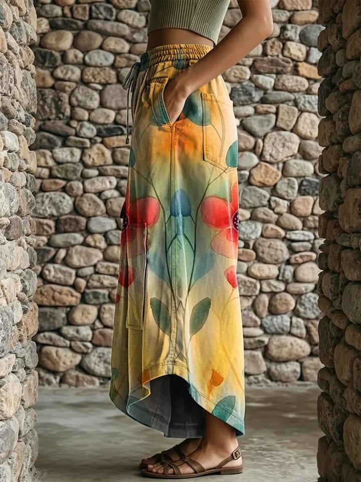 Ethnic Watercolor Floral Gradient Print Women's Art Print Casual Elastic Waist Loose Pants