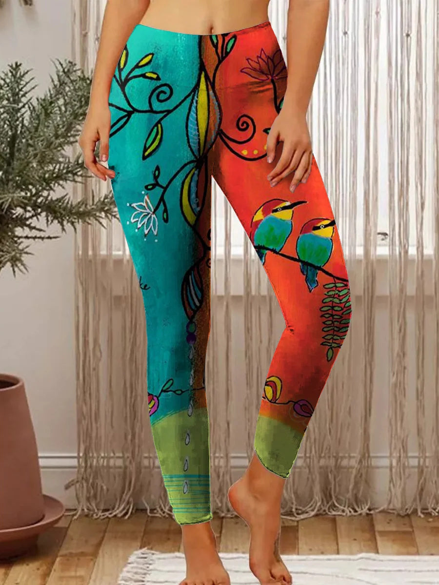 Women's Retro Floral and Bird Art Print Casual Stretch Pants