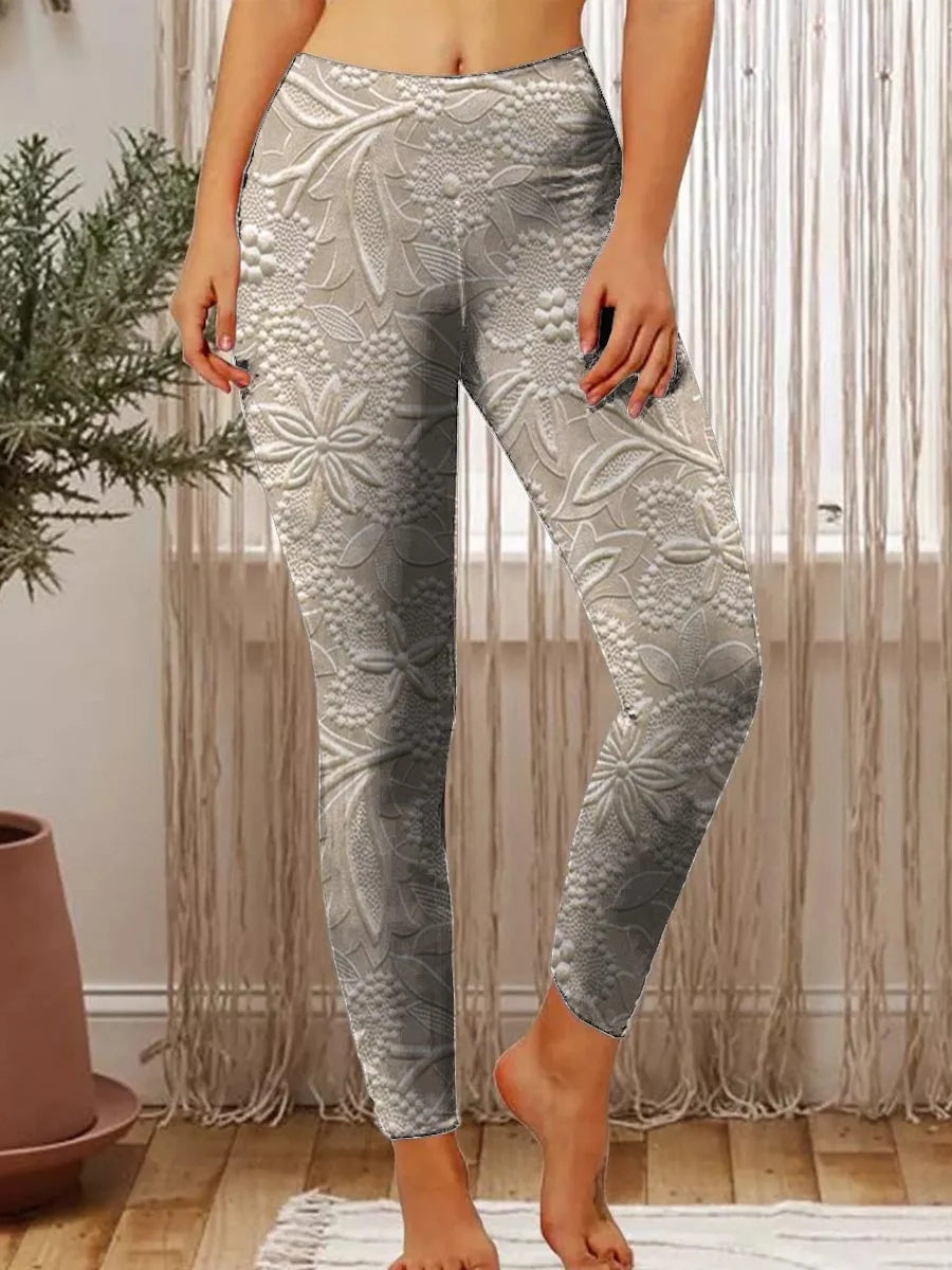 Women's Vintage Floral Textured Print Stretch Leggings