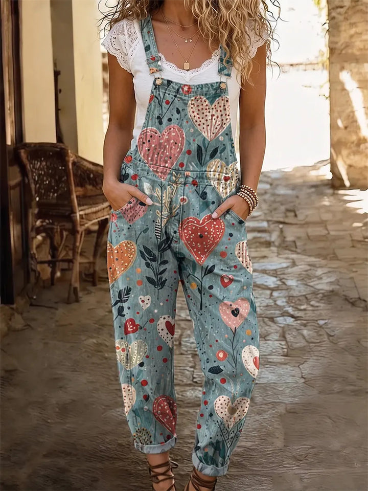 Ethnicity Bohemia Flowers Love Women's Casual Washed Cotton Denim Jumpsuit