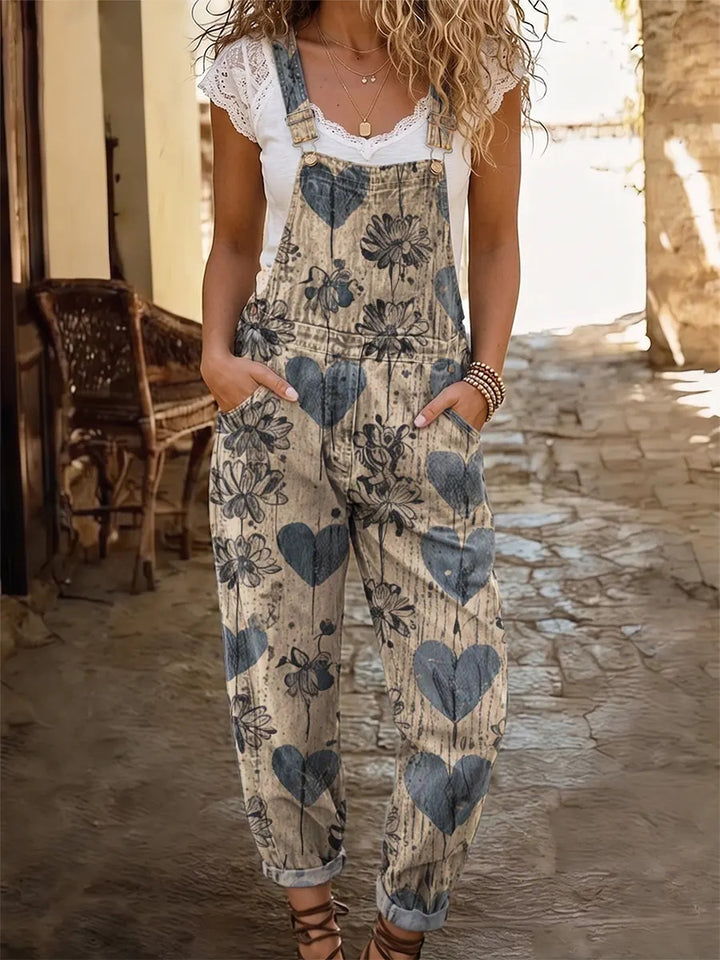 Retro Ethnicity Flowers Love Women's Casual Washed Cotton Denim Jumpsuit