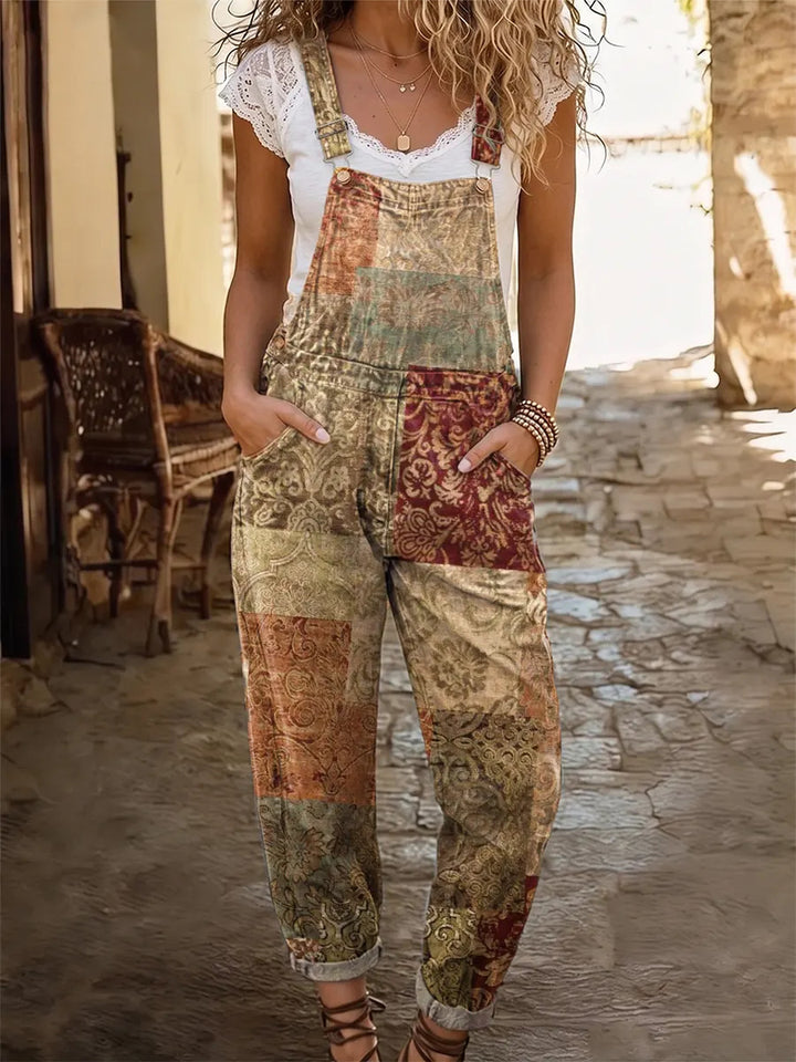 Retro ethnic style patchwork women's casual washed cotton denim jumpsuit