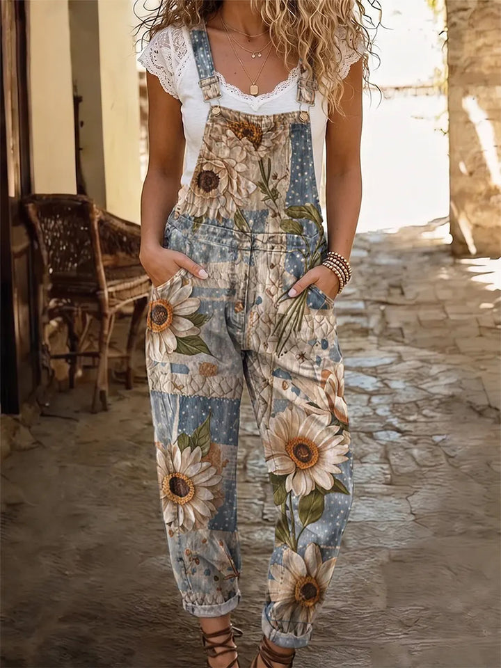 Ethnicity Bohemia Patchwork Flowers Women's Casual Washed Cotton Denim Jumpsuit