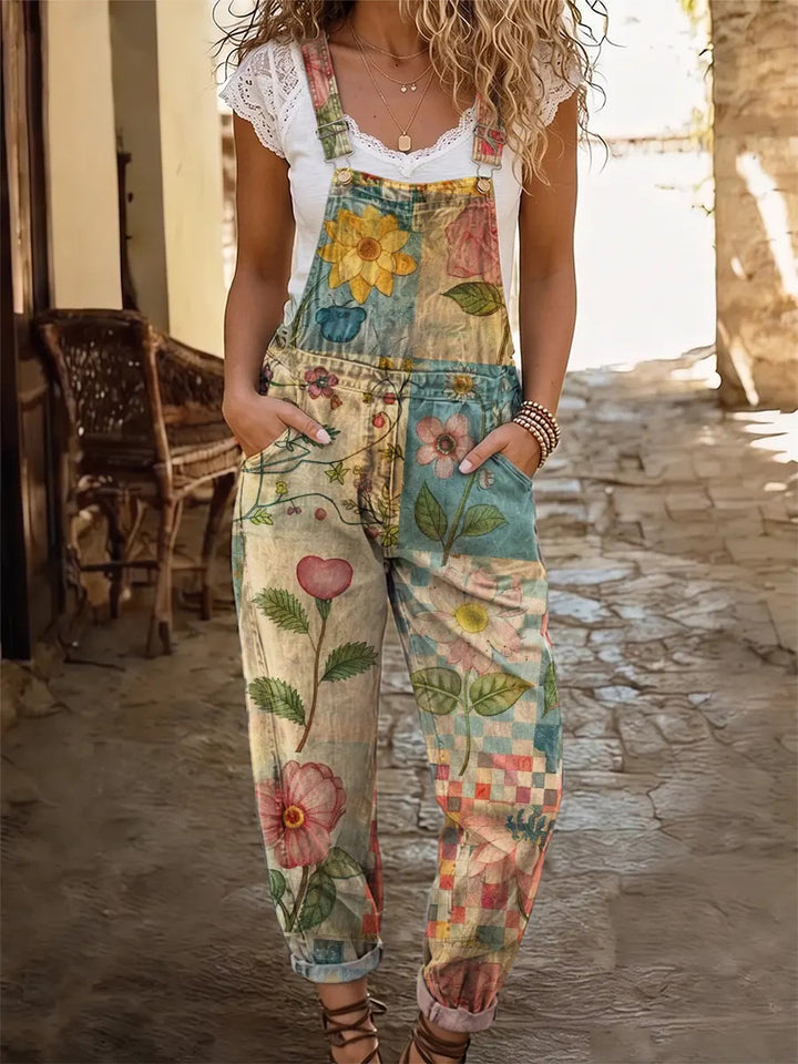 Ethnicity Bohemia Patchwork Flowers Love Women's Casual Washed Cotton Denim Jumpsuit