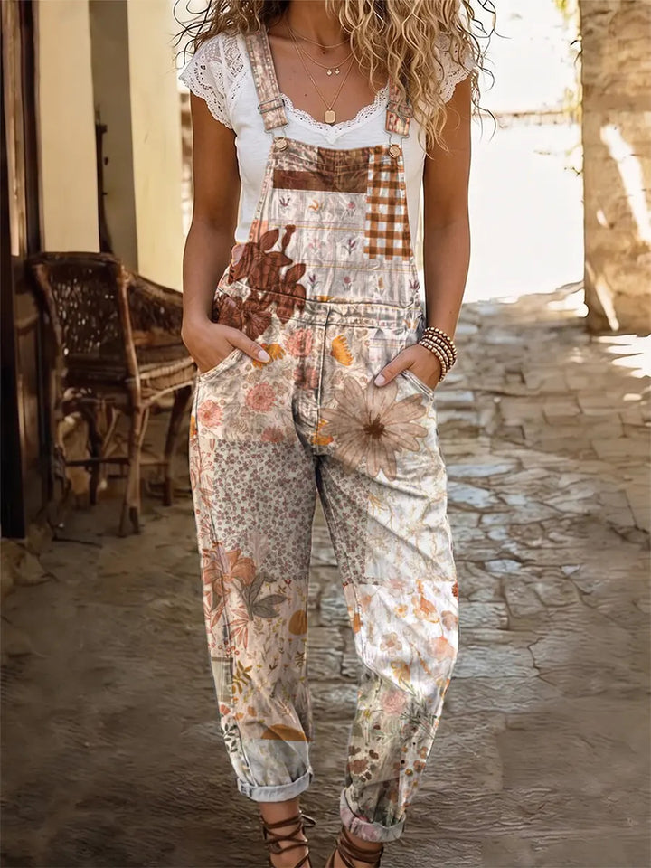 Retro ethnic style patchwork floral women's casual washed cotton denim jumpsuit
