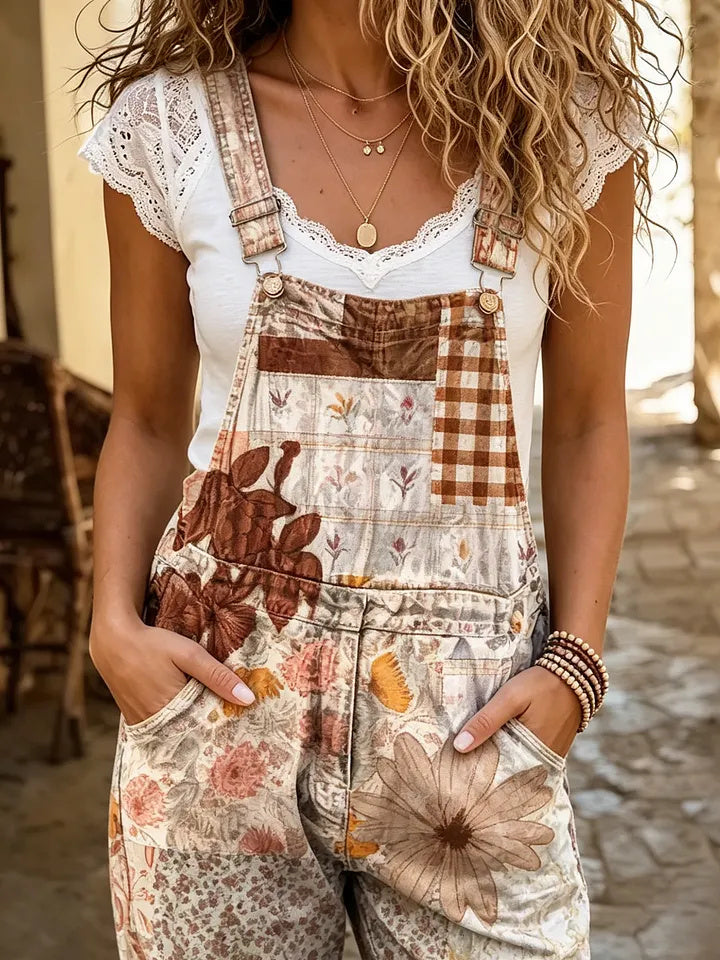 Retro ethnic style patchwork floral women's casual washed cotton denim jumpsuit