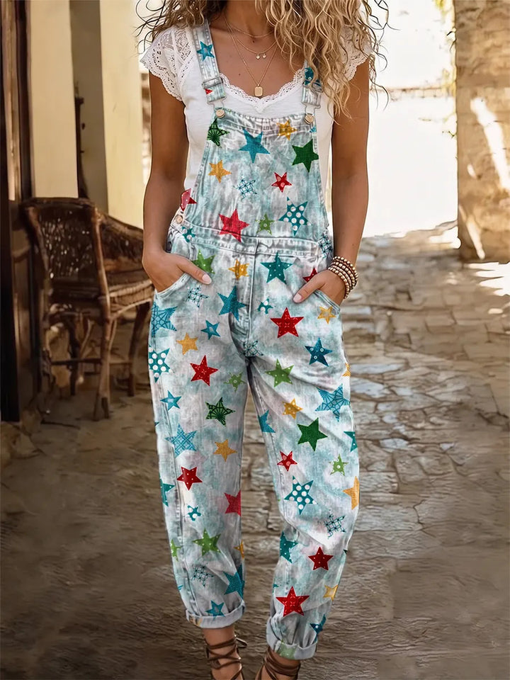Retro Stars Tie Dye Women's Casual Washed Cotton Denim Jumpsuit
