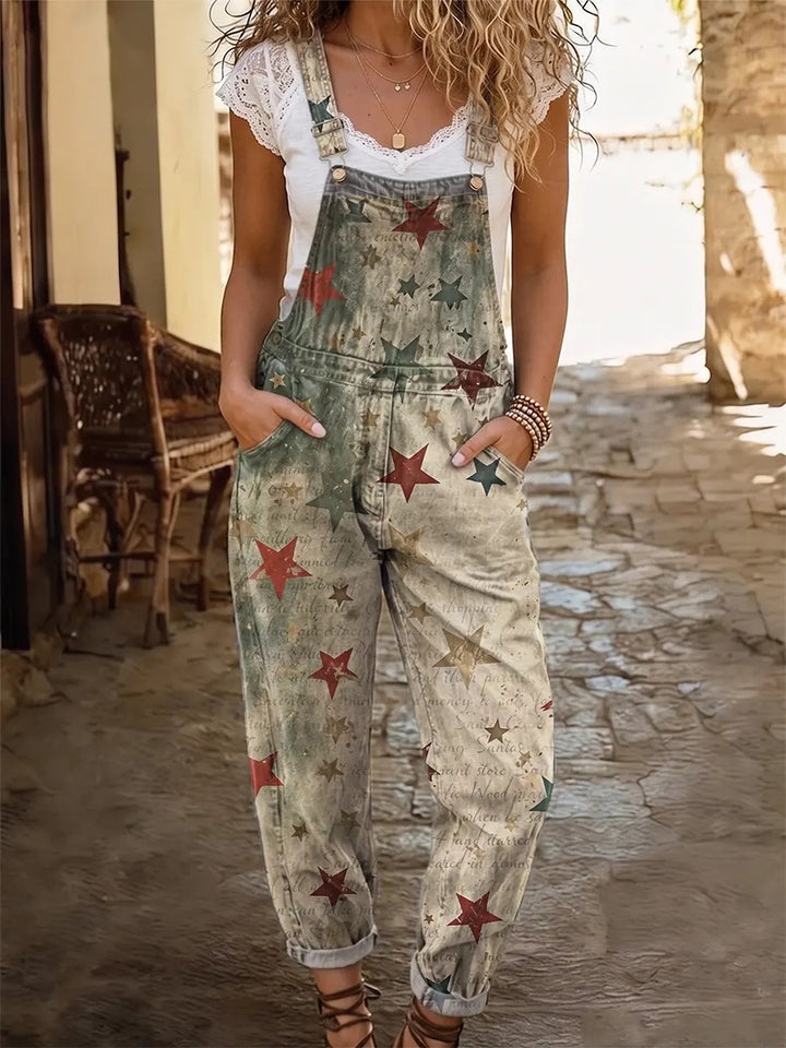 Retro ethnic style celebrity women's casual washed cotton denim jumpsuit
